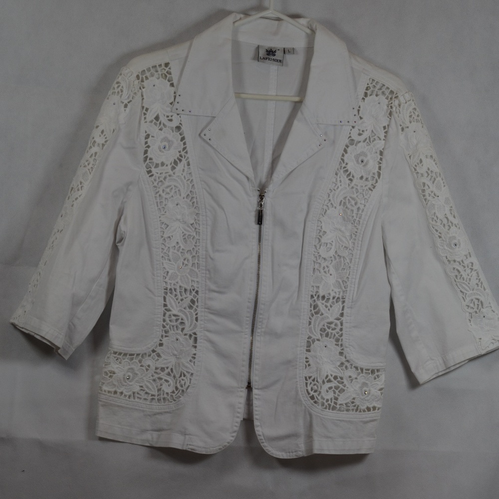 White Denim Lace Jacket Rhinestones SZ L by LaFei Nier